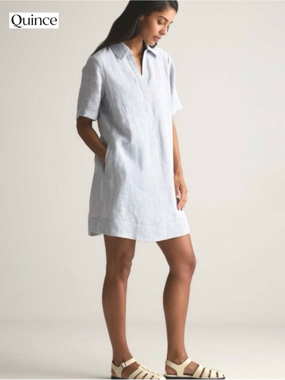 Quince 100% European Linen Popover Mini Dress Blue Pinstripe M Summer Pockets - Picture 3 of 15